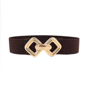 Ceinture large élastique marron foncé avec boucle double losange en métal doré