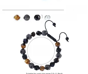 Detail of 10mm faceted tiger eye and obsidian beads with adjustable braided cord