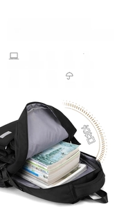 Detailed interior storage view of a large black backpack holding a laptop and camera