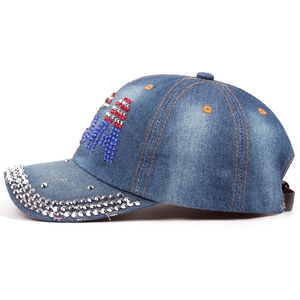 Premium washed denim baseball cap featuring patriotic USA rhinestone and studded details