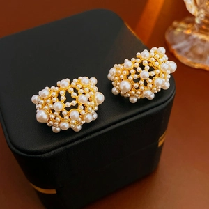 French vintage pearl cluster hoop earrings with gold plating on premium black leather case
