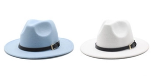 Detail of light blue and white wool fedora hats featuring black leather belts and gold buckles