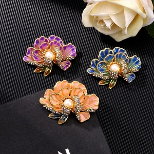 Elegant Peony Flower Brooch With Enamel Petals Sparkling Rhinestones And Imitation Artificial Pearl Vintage Jewelry Pin For Women
