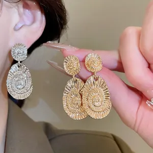 Vintage Oval Drop Earrings With 925 Sterling Silver Earring Post Metal Alloy Spiral Vortex Texture Elegant Jewelry For Women