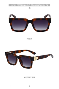 Front and side view of square tortoiseshell sunglasses with gold metal hinges and gray lens