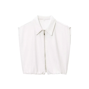Gilet blanc sans manches avec fermeture éclair, col rabattu et texture denim