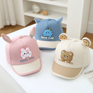 Baby cotton baseball caps with 3D animal ears and cartoon rabbit dinosaur embroidery