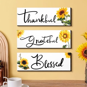 Rustic farmhouse 3-piece sunflower wood wall decor set with thankful grateful blessed text