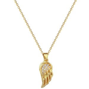Luxurious gold titanium wing necklace featuring sparkling crystals on white background