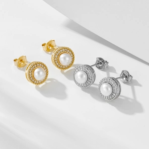 Vintage sterling silver pearl stud earrings with zircon inlay in gold and silver finish
