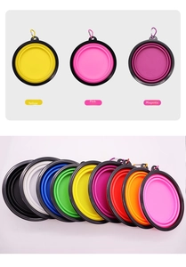 Stack of colorful collapsible silicone pet bowls with metal carabiners for travel