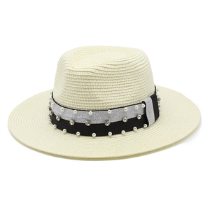 Beige straw fedora hat with wide brim, pearl and rhinestone band for women's summer sun protection