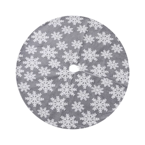 Gray plush Christmas tree skirt with white snowflake patterns and soft jacquard texture