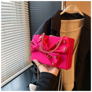 Elegant rose red satin evening clutch bag with pink rhinestone bow and gold chain strap