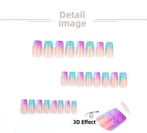 Details von 3D-Französischen Farbverlauf-Nägeln mit lila-blauem Ombré und Relief-Effekt
