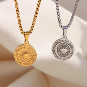 Sun Moon Round Pendant Necklace Retro 18K Gold Plated Stainless Steel Jewelry Box Chain Vintage For Women