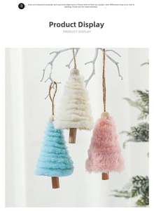 Three-piece plush Christmas tree ornaments in blue white and pink with wooden trunks