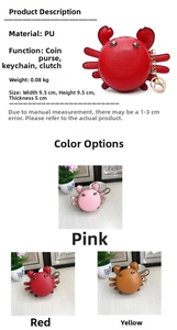 Detailed size specifications and three color options for the cute crab coin purse keychain