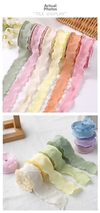 Detailed tile display of pastel wavy edge linen ribbons in multiple macaron colors