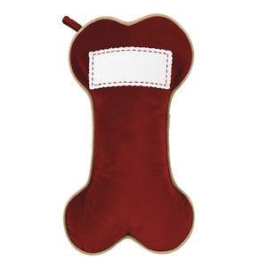 Dog bone shaped Christmas stocking in red velvet with gold trim and customizable tag
