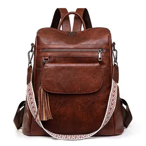 Fashion Women Backpack Retro PU Leather Large Capacity Travel Bag With Colorful Woven Strap And Tassel Charm Casual