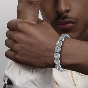 Men's hip-hop 12mm silver Cuban chain bracelet with large square-cut sparkling zircons