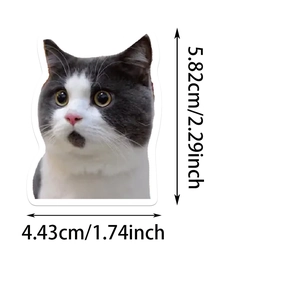 Detailed dimension guide showing a 5.82cm grey and white cat sticker with cutout edges