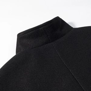 Close-up of the lapel and wool-blend texture on a stylish black short jacket