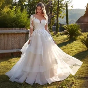 Robe De Mariée Élégante À Manches Longues Appliques En Dentelle Col En V Dos Nu Tulle Robe De Mariée Style Princesse