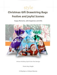 Détails des sacs cadeaux de Noël à cordon avec illustrations festives du Père Noël