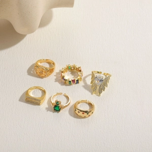 Adjustable 14K gold plated geometric ring set featuring colorful gemstones and crystals