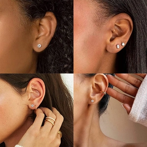 Collage of S925 sterling silver geometric square earrings worn by a model