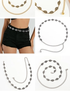 Detailed view of metal leaf chain belt in gold and silver finish with adjustable clasp