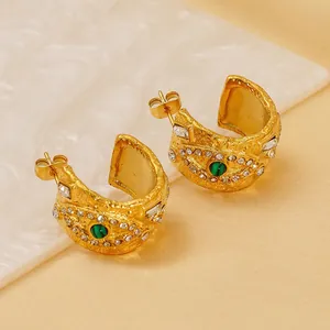 Boucles D'oreilles Créoles C Chunky Acier Inoxydable Plaqué Or 18K Mauvais Œil Malachite Zircon Bijoux Pour Femmes