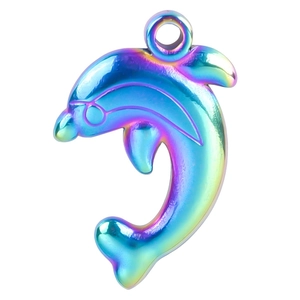 Rainbow plated stainless steel dolphin pendant necklace with vibrant oil slick finish