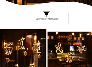 Detail of warm white LED suction cup Christmas lights with reindeer and snowflake shapes