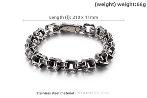 Detail showing 210mm long stainless steel industrial chain bracelet with dimensions