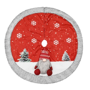 Red Christmas tree skirt with plush gnome design and snowflake patterns for decor