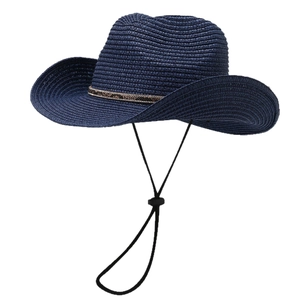 Dunkelblauer Strohhut für Damen mit Schlangenmuster-Band und verstellbarem Windseil