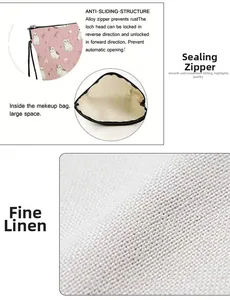 Détail de la trousse de maquillage en lin avec chat, fermeture éclair et espace intérieur
