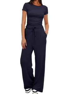 Haut À Manches Courtes Et Pantalon Large À Taille Haute Et Cordon De Serrage En Tricot De Polyester Tenue De Détente Casual