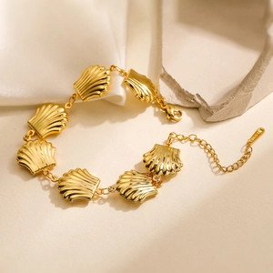 18K gold plated stainless steel shell link bracelet with adjustable lobster clasp closure
