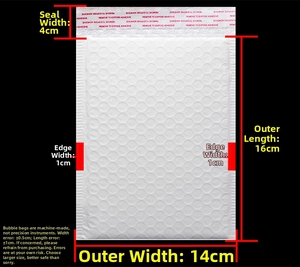 Λεπτομερής οδηγός διαστάσεων για λευκό φάκελο με φυσαλίδες 14x16cm και αυτοκόλλητο