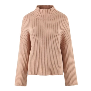 Pink oversized high neck knit sweater with ribbed texture and drop shoulder design