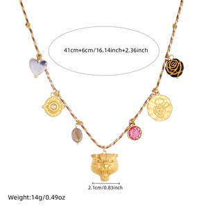 Detail of gold leopard head necklace with length and weight specifications displayed