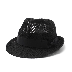 Classic black knitted jazz fedora with satin ribbon bow for sun protection and style