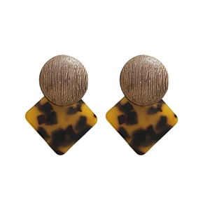 Vintage leopard print resin earrings with circular brushed gold metal stud and rhombus pendant