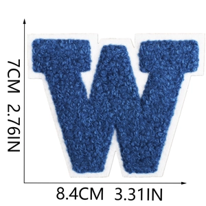 Close-up of blue chenille letter W patch with white felt backing and size dimensions