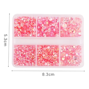 6-grid storage box with colorful pink jelly rhinestones measuring 8.3cm by 5.3cm