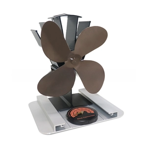 Detail of 4-blade heat powered stove fan and magnetic thermometer for wood burning
